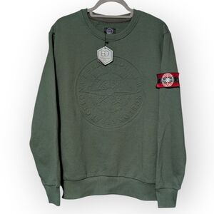 NWT Barcelona Designs Embossed Crew Neck Sweatshirt Army Green Madrid Fleece